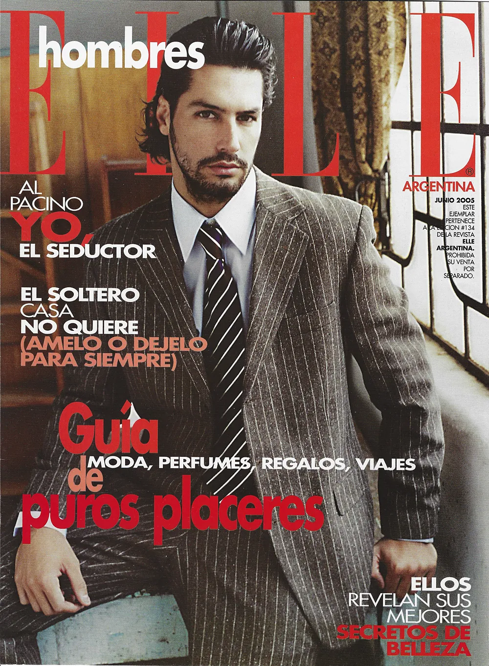 Elle Hombres Argentina cover, June 2005, Nacho Valenti Lacroix in a pinstripe suit