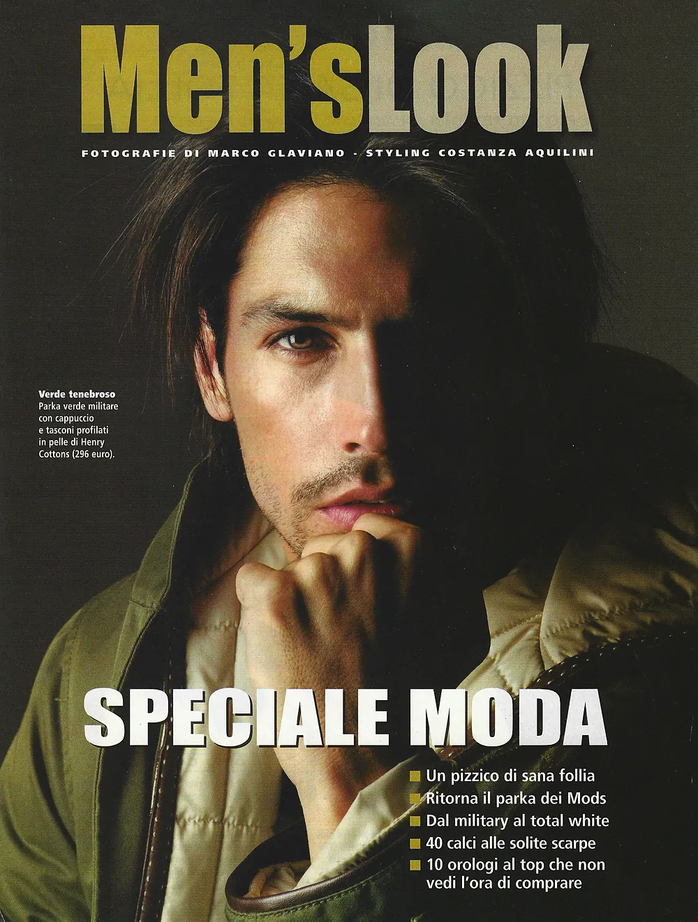Men's Look cover, Speciale Moda, Nacho Valenti Lacroix in a green parka