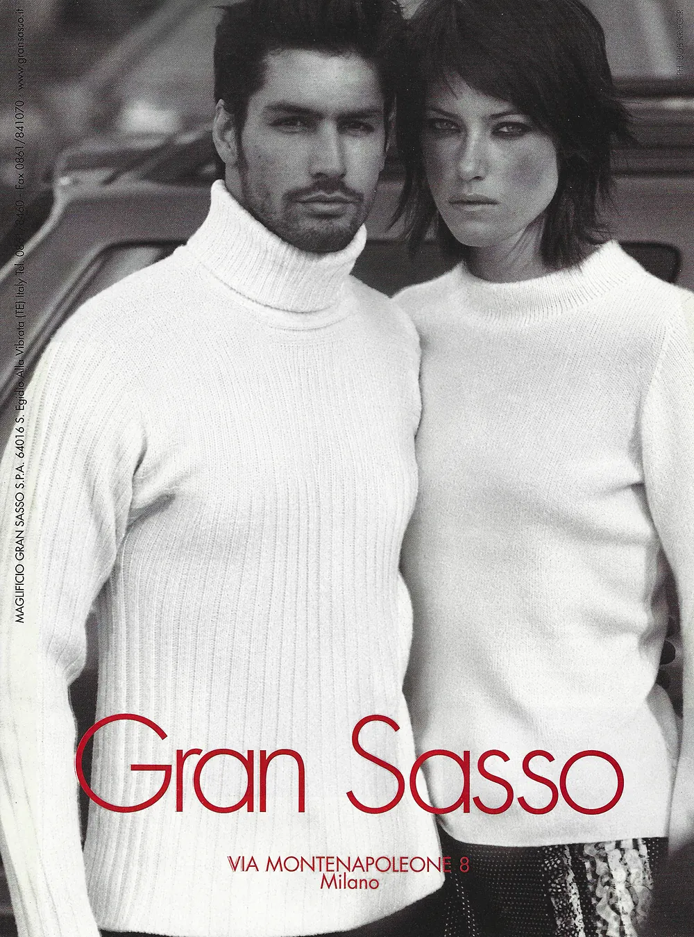 Nacho Valenti Lacroix in a white ribbed turtleneck, Gran Sasso campaign
