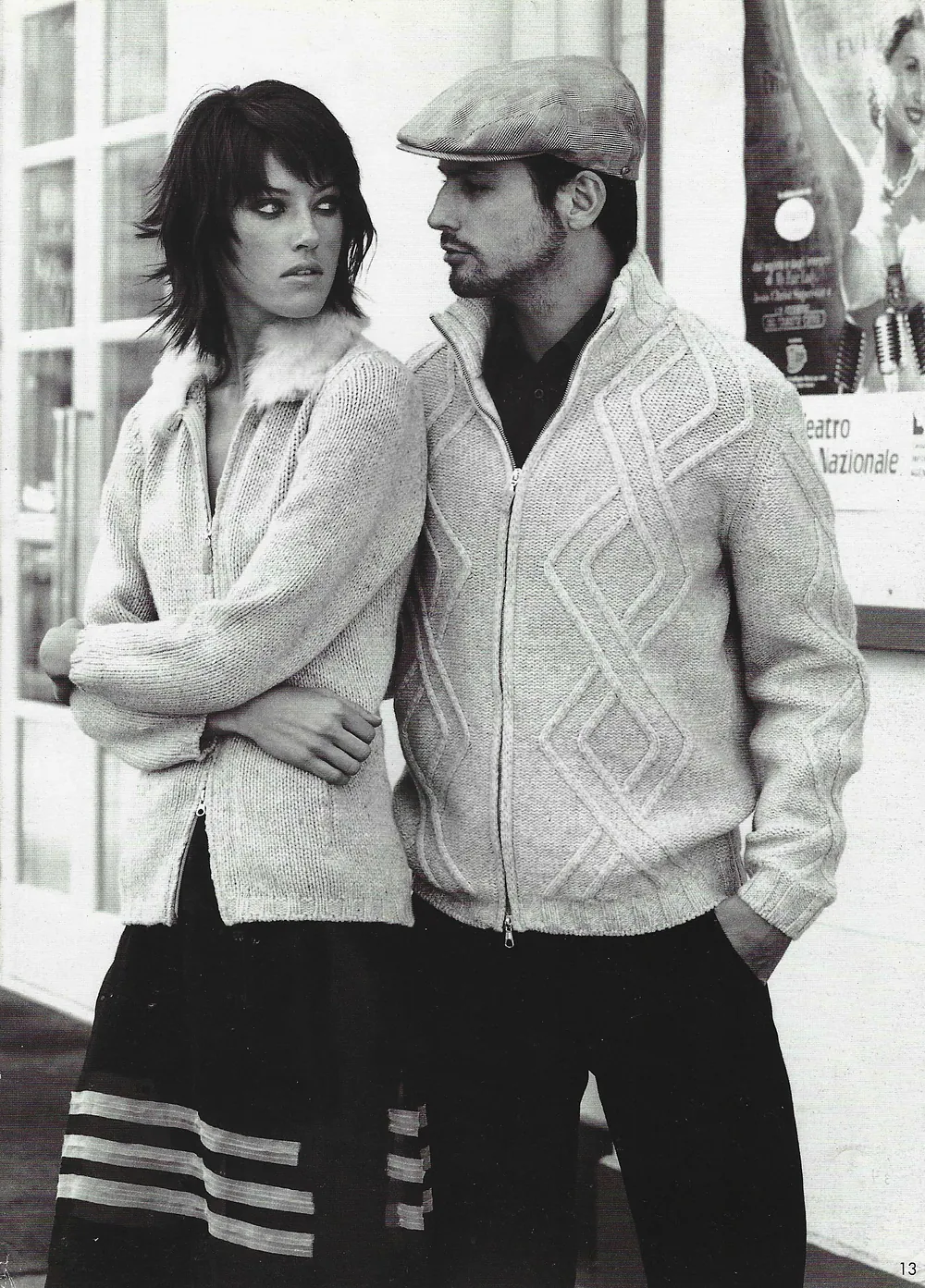 Nacho Valenti Lacroix in a cable-knit cardigan and flat cap, beside a woman in a cardigan